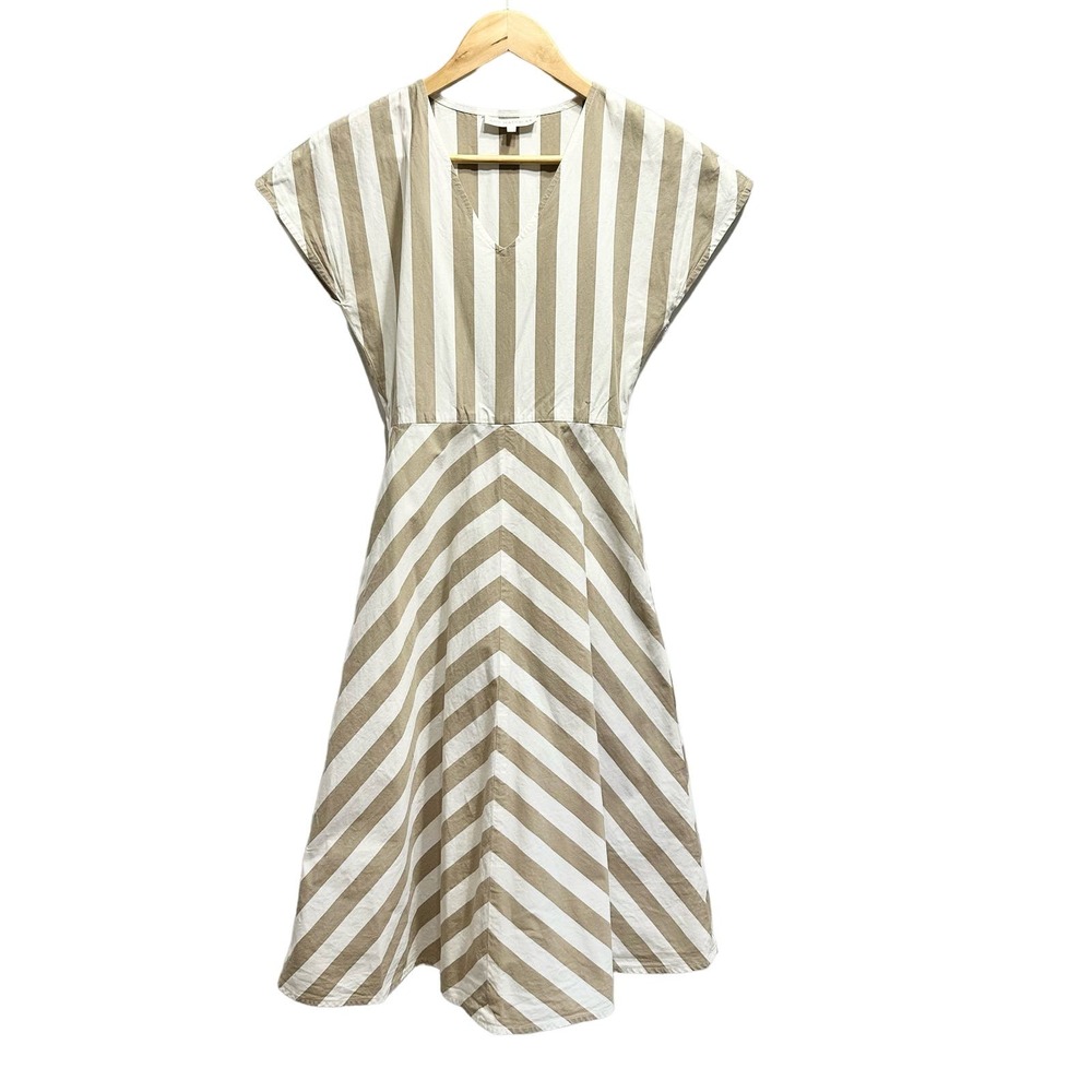 ANN MASHBURN Tan and White Striped Midi Dress